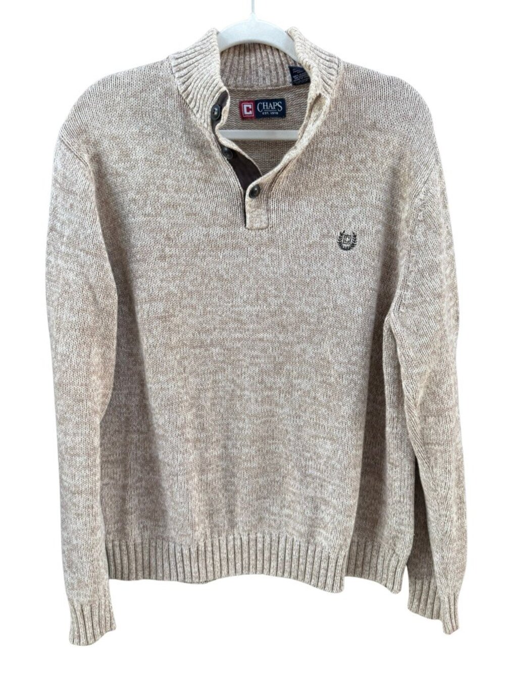 Chaps Oatmeal Mock Neck Sweater XL Elbow Patch Cotton Heritage Knit